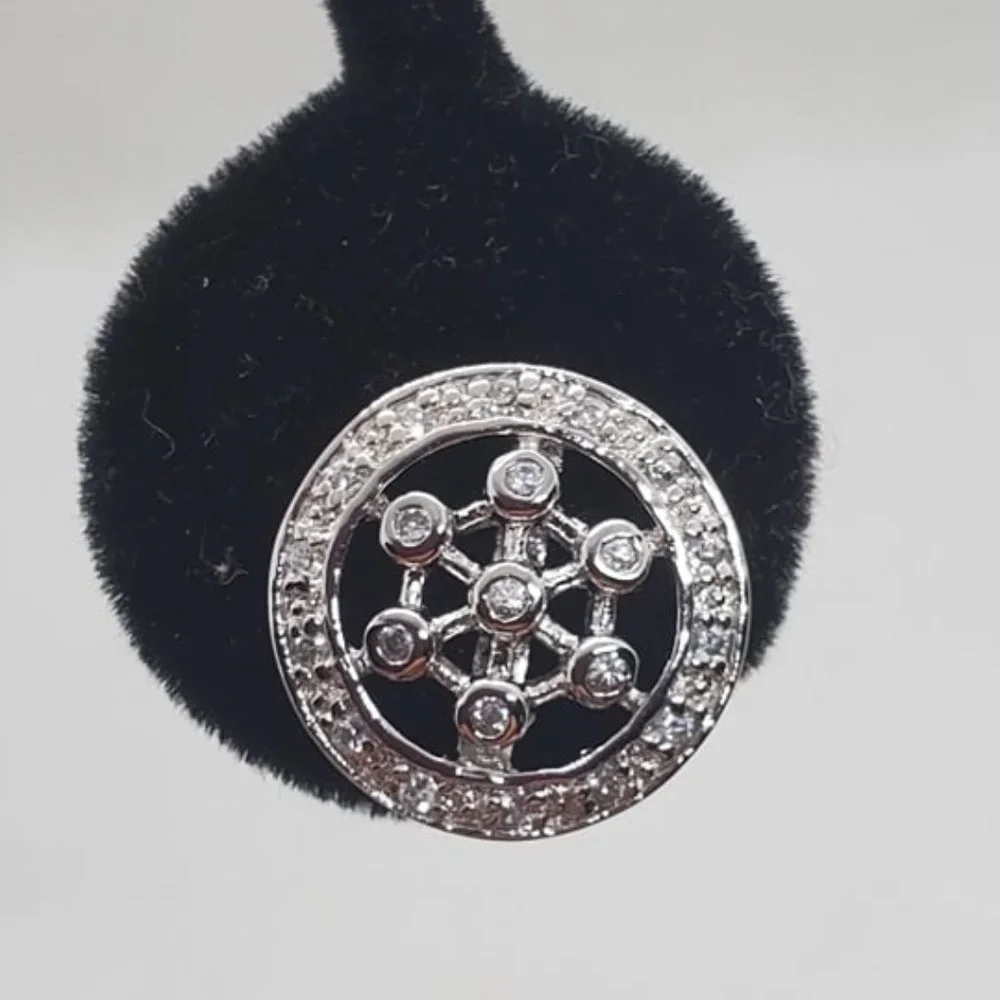 Sterling Silver 925 Rhodium Plated Round Helm Wheel CZ Stud Earrings